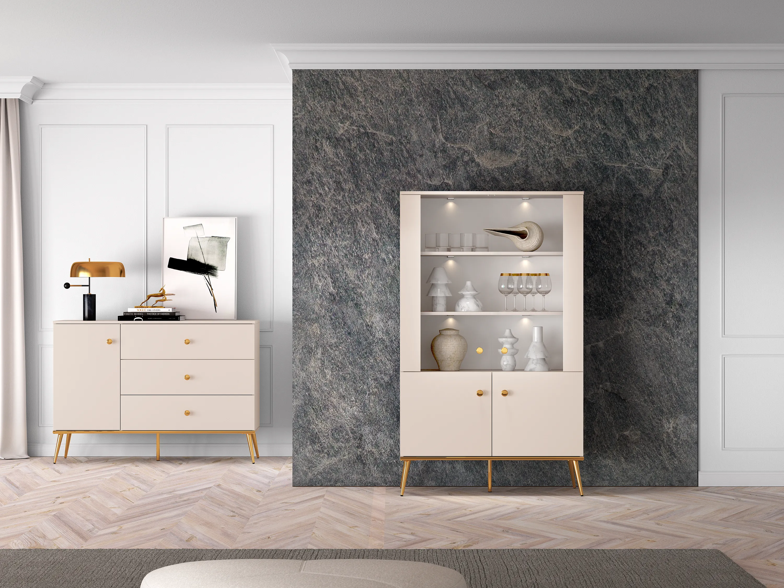 Witryna 4-drzwiowa SELGIN 02 kaszmirowy, złoty - 1SELG02-001