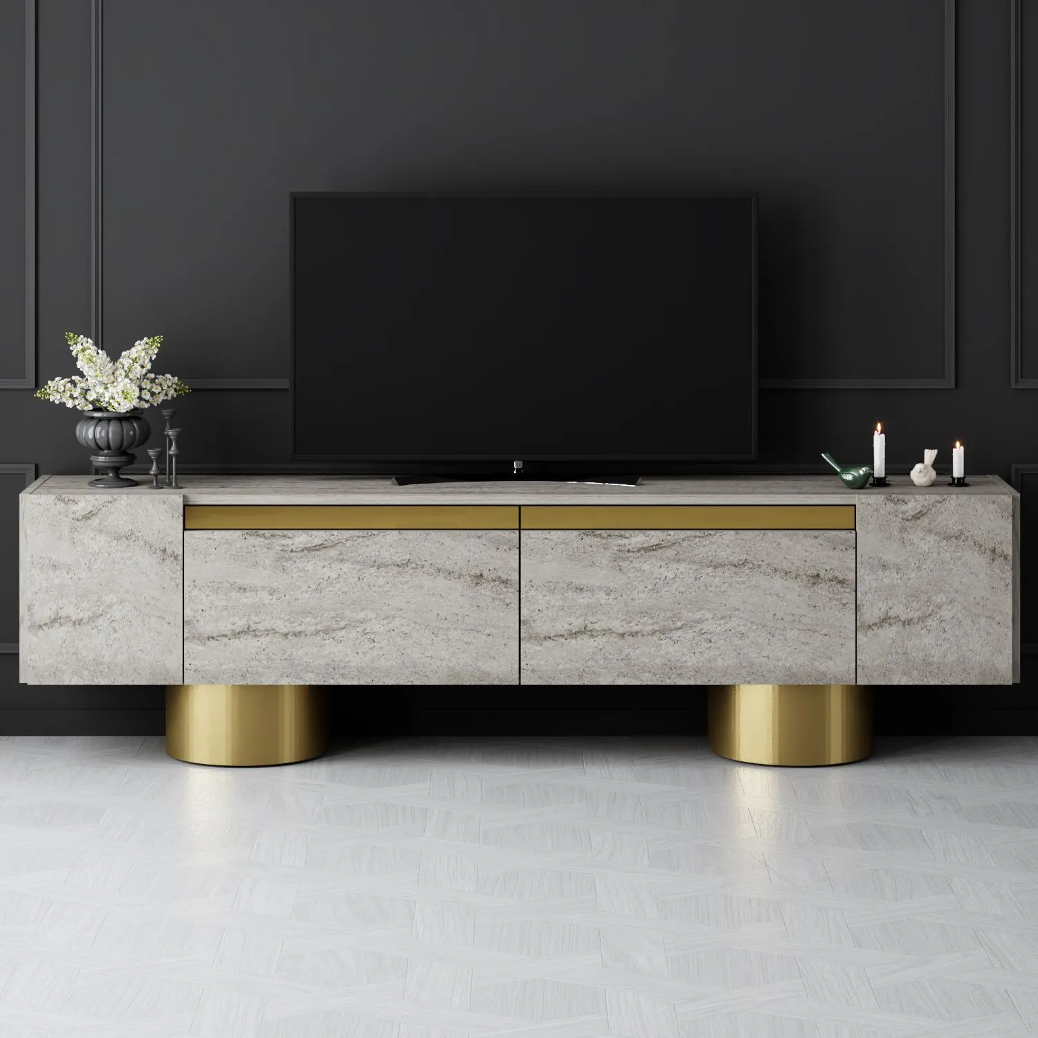 Szafka RTV z 2 klapami na blaszanych nogach BOHEM 180x50x30 cm trawertyn czarny stelaż — zdjęcie 4