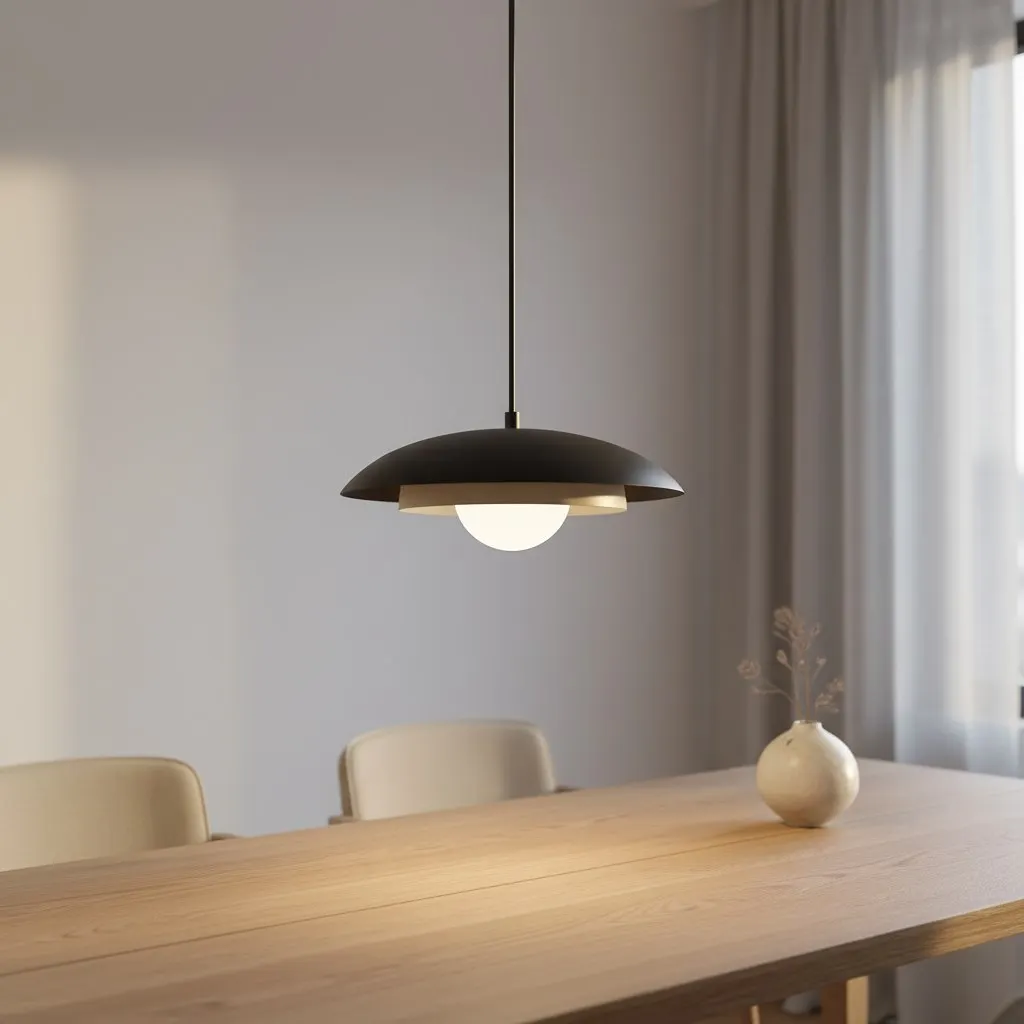 image lampa wisząca, klosz metalowy, design skandynawski, stół drewniany, wnętrze jasne