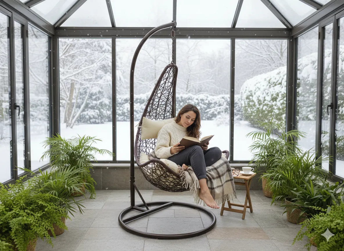 image hammock chair, indoor balcony, plant decor, knit sweater, reading scene