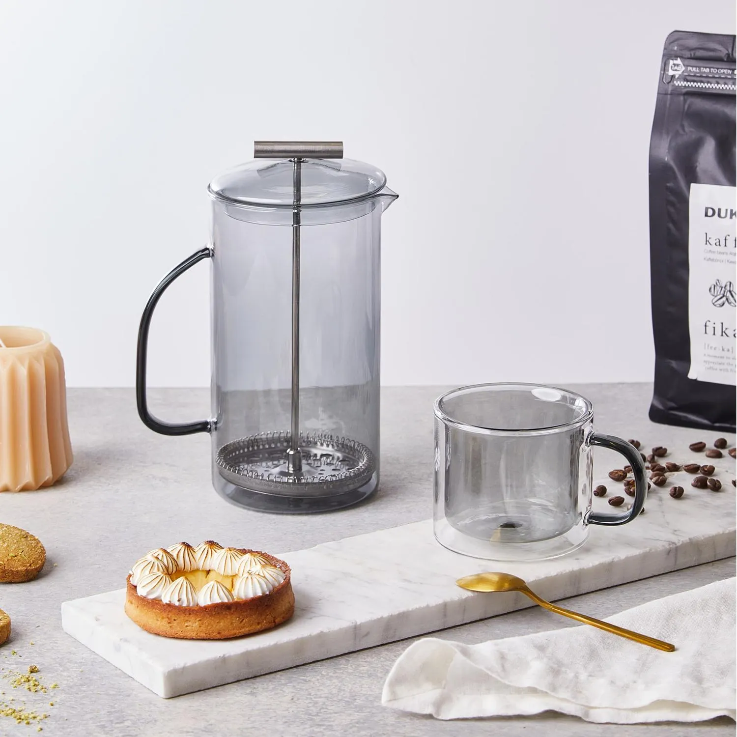 kettle, French press, glass, coffee, cup