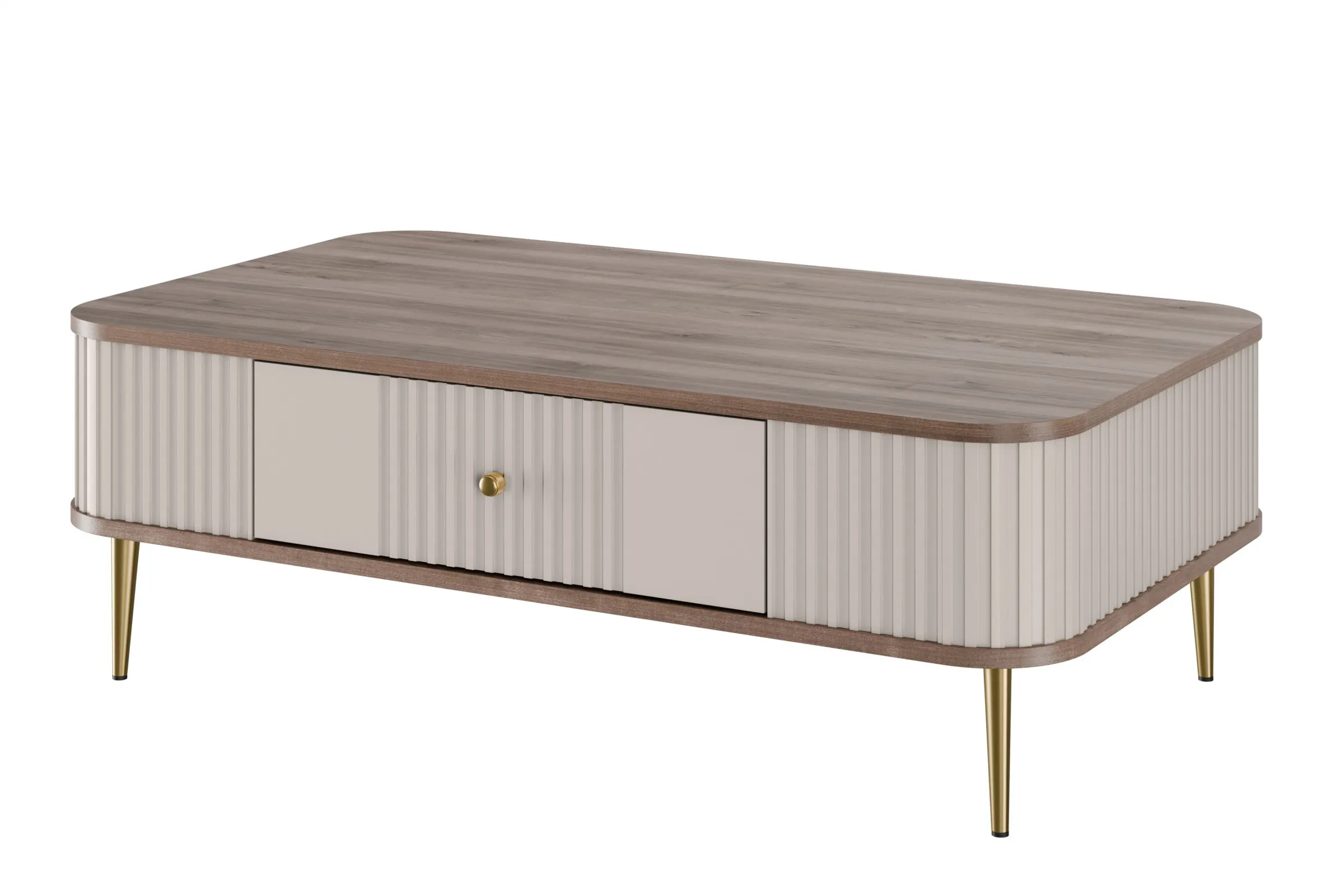 Stolik kawowy z szufladą VESPER 103 ryflowany front cashmere orzech złote nogi