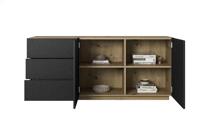 Komoda ASHA 167 z szufladami - czarny mat - dąb artisan - ryflowany front - cokół - B_149614