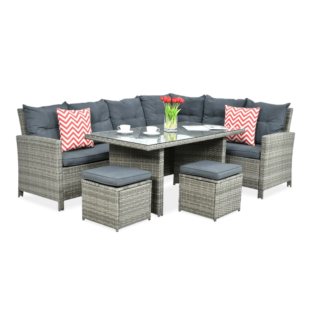 Narożnik ogrodowy modułowy IBIZA ze stołem i pufami technorattan szary