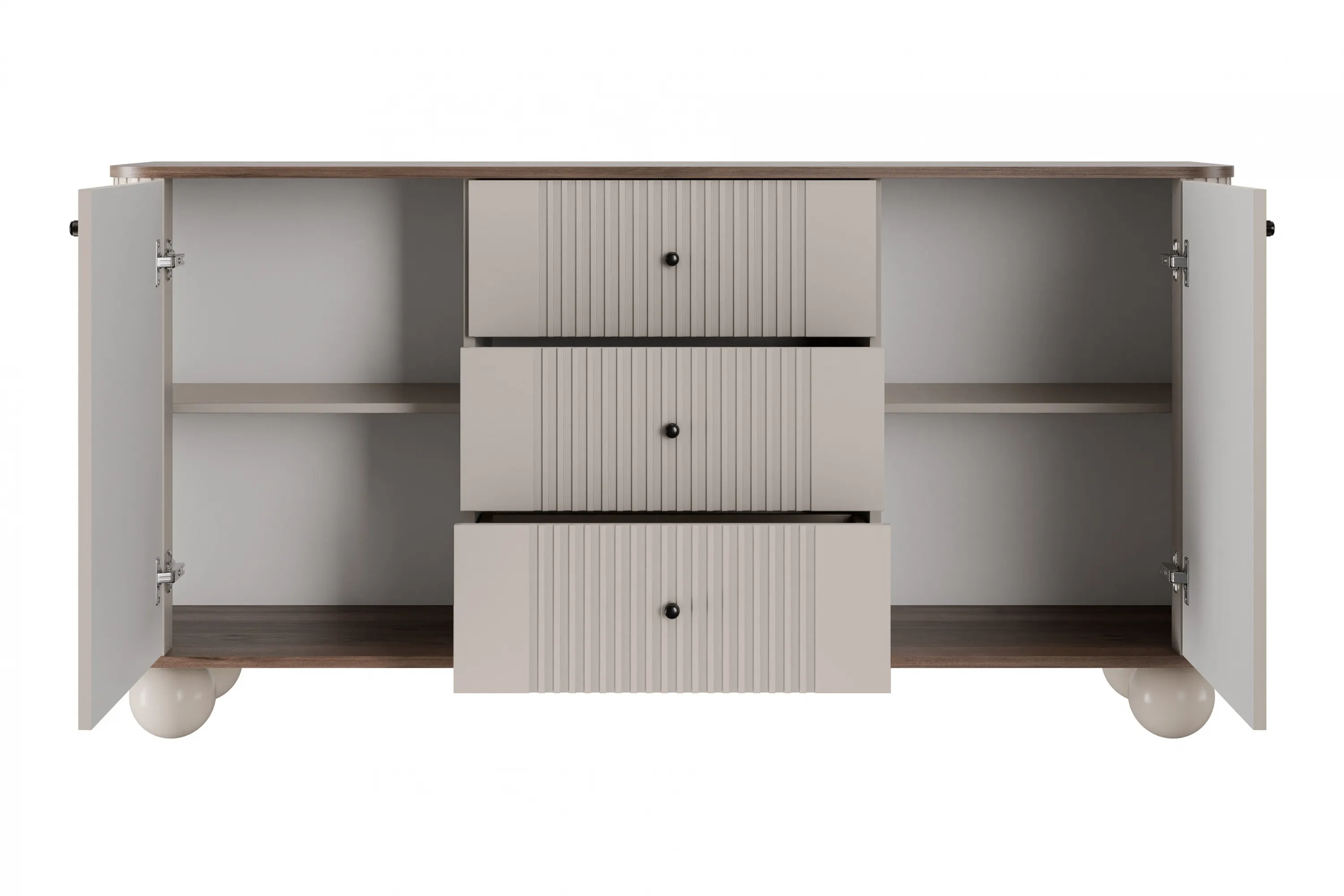 Komoda 2-drzwiowa z 3 szufladami VESPER 160 ryflowany front cashmere orzech czarne uchwyty nogi kule - B_163610