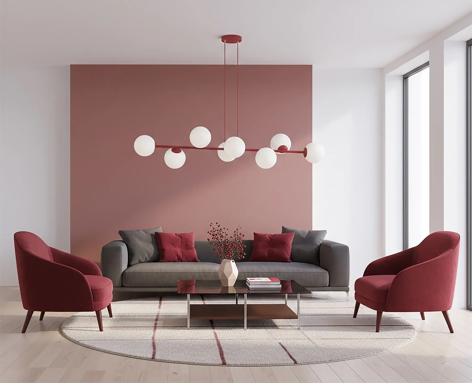 image sofa, living room, coffee table, pendant light, red chairs