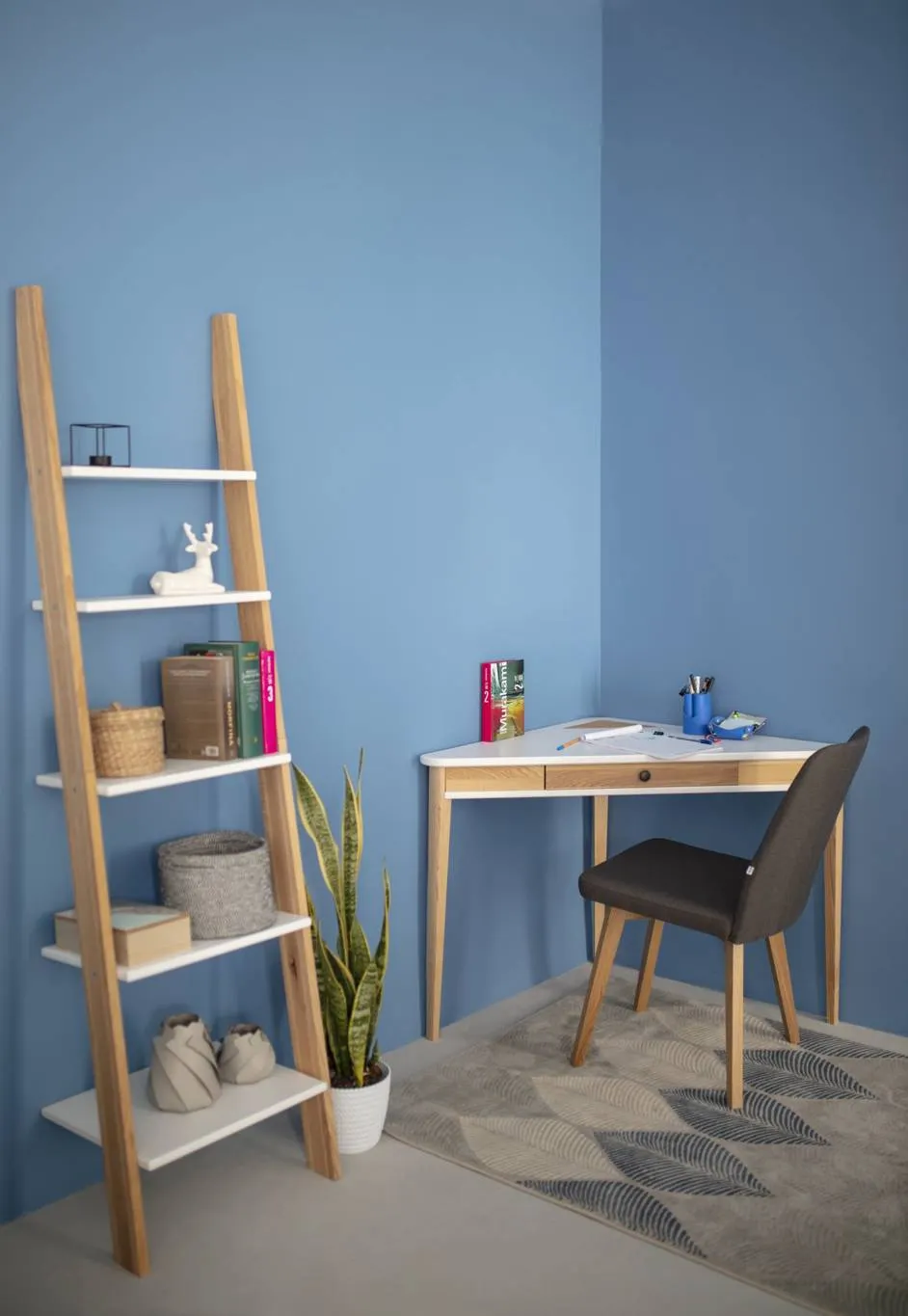 Biurko narożne z szufladą ASHME 114x85 miętowy blat/jesionowe nogi - NRAGABAACD11