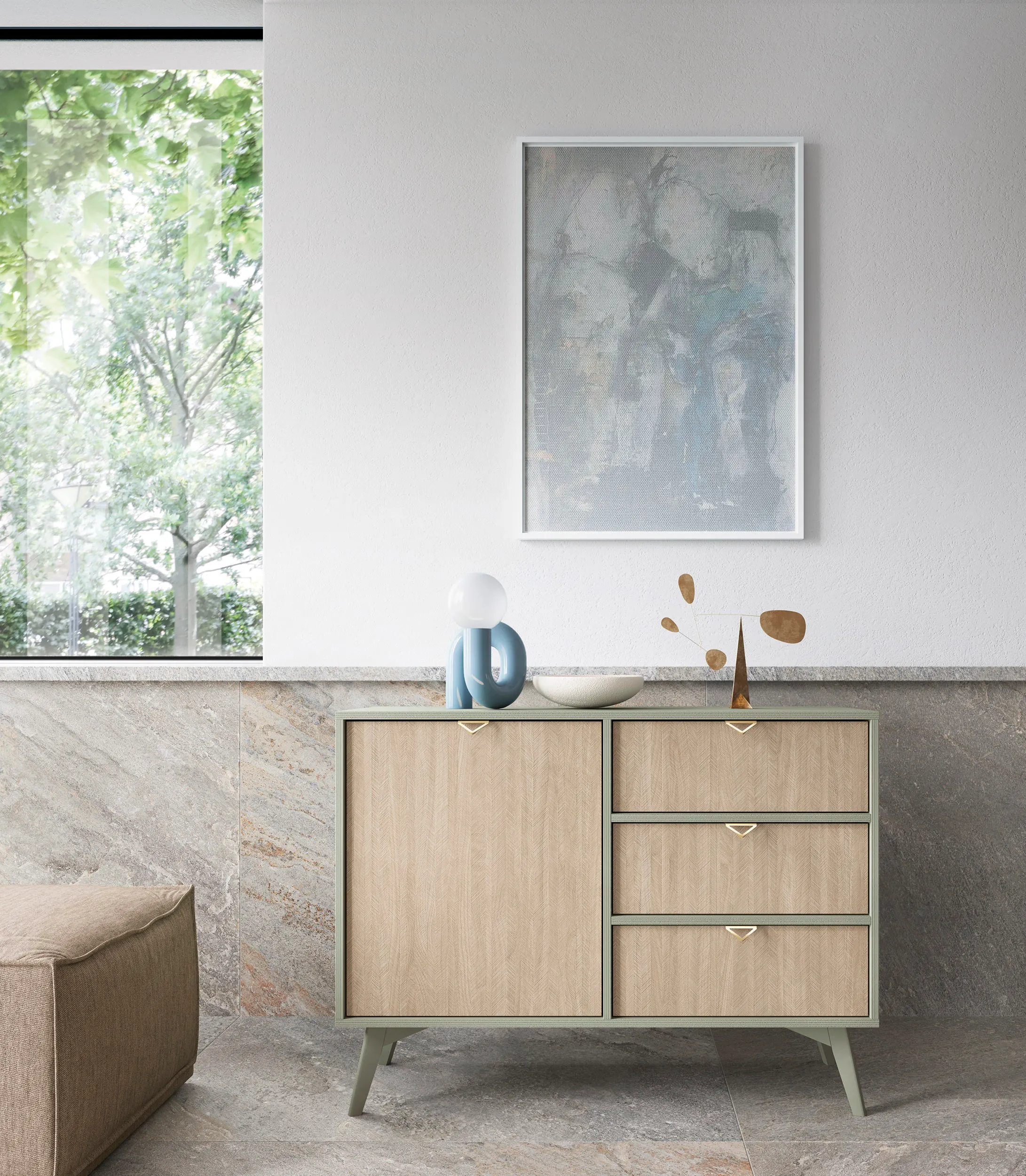 Komoda 1-drzwiowa z 3 szufladami FOREST Eukaliptus, Jodełka - FOREST_KSZD106_EUK