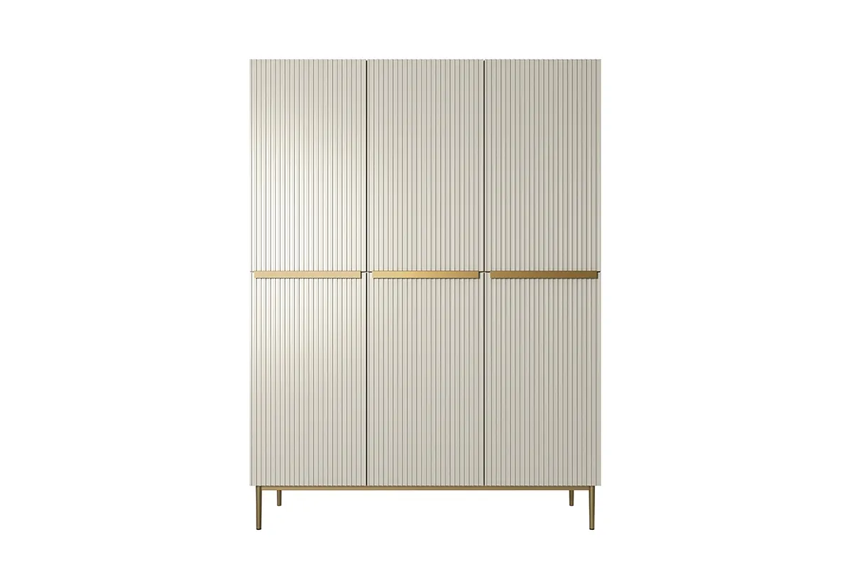 Szafa 3-drzwiowa NICOLE 150 z półkami, drążkiem i 2 szufladami - kremowa - złoty stelaż - B_148519