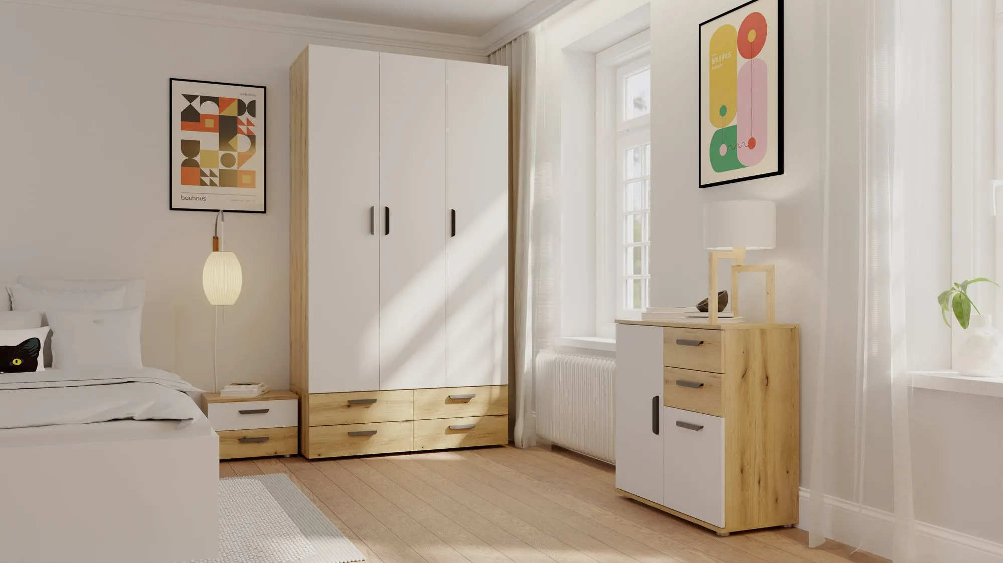 Komoda 2-drzwiowa z 2 szufladami BASIC TWO dąb artisan biały - INT_5002586