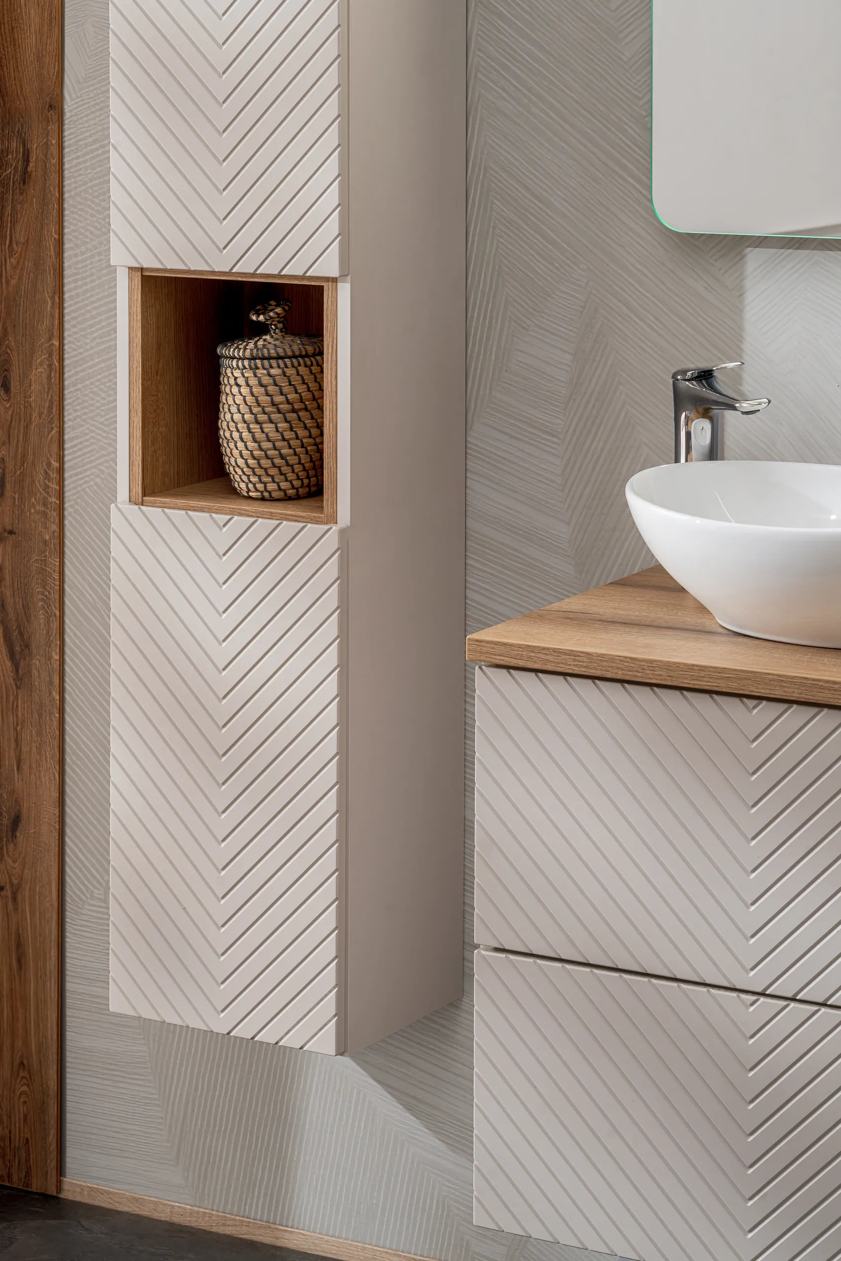 Zestaw meblowy SET-VIC Oak 120cm ( 2 szafki + blat + 2 umywalki nablatowe Lola ) kaszmirowy, efekt drewna - SET-VIC_B_OAK_120CM_D/S_UN_LOLA_GW