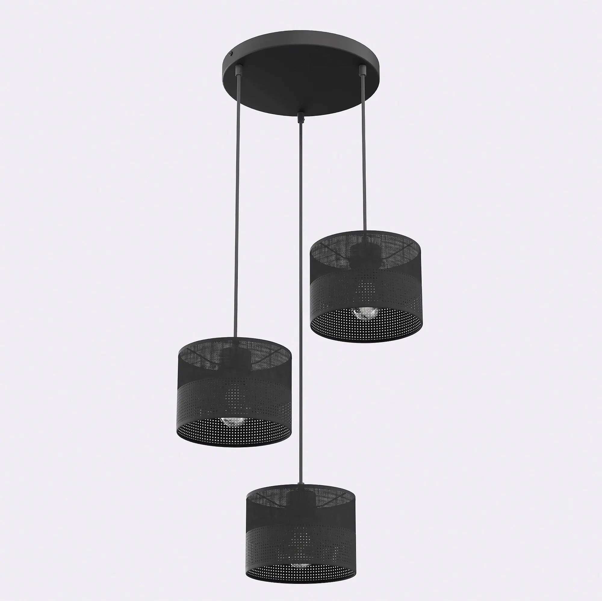 lampa wisząca, trzy lampy, czarna, metal, perforowana