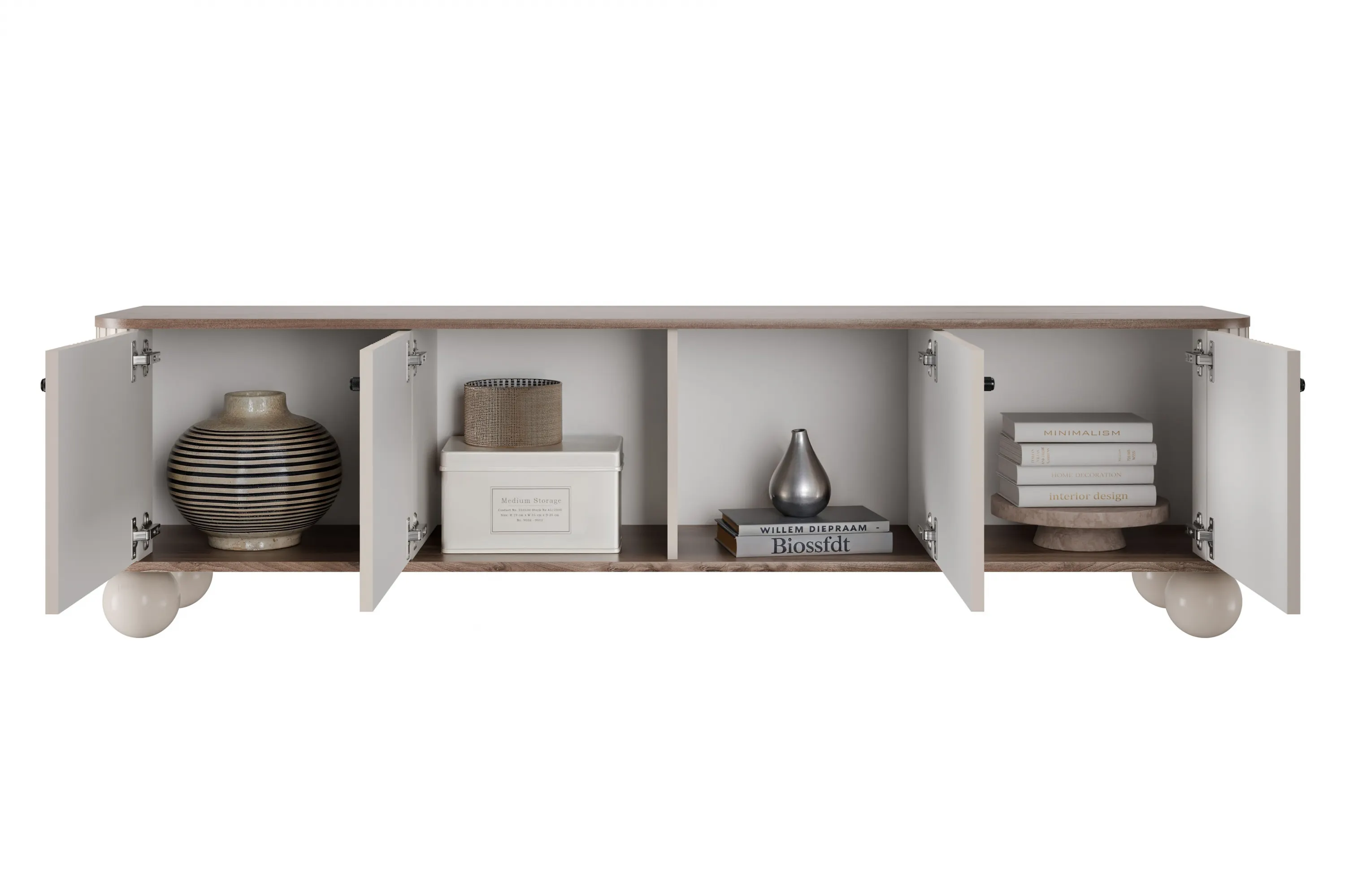 Szafka RTV 4-drzwiowa VESPER RTV 187 ryflowany front cashmere orzech czarne uchwyty nogi kule - B_163750