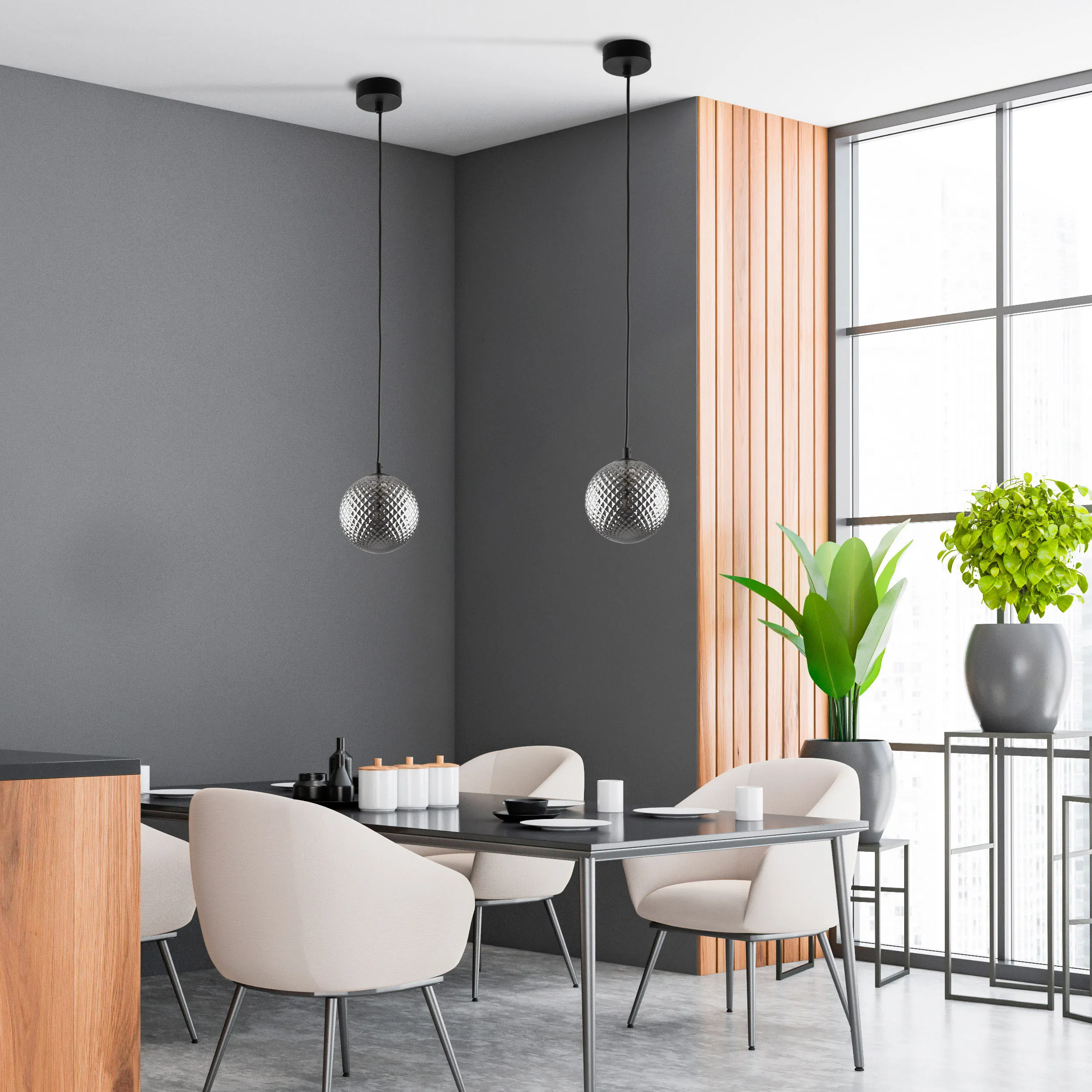 Lampa wisząca ELENA czarna z szarym kryształowym szklanym okrągłym kloszem 160x15cm - TK_5745