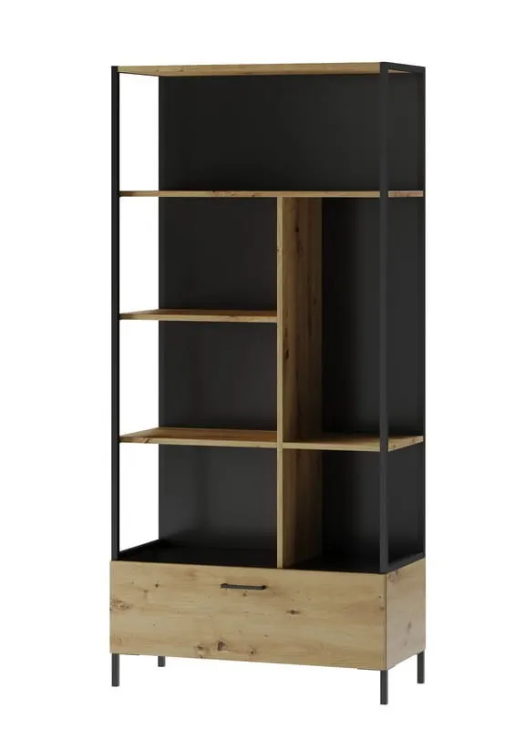 Regał LUCAS 16 z szufladą dąb aristan czarny 193x90x42cm Regał LUCAS 16 z szufladą dąb aristan czarny 193x90x42cm