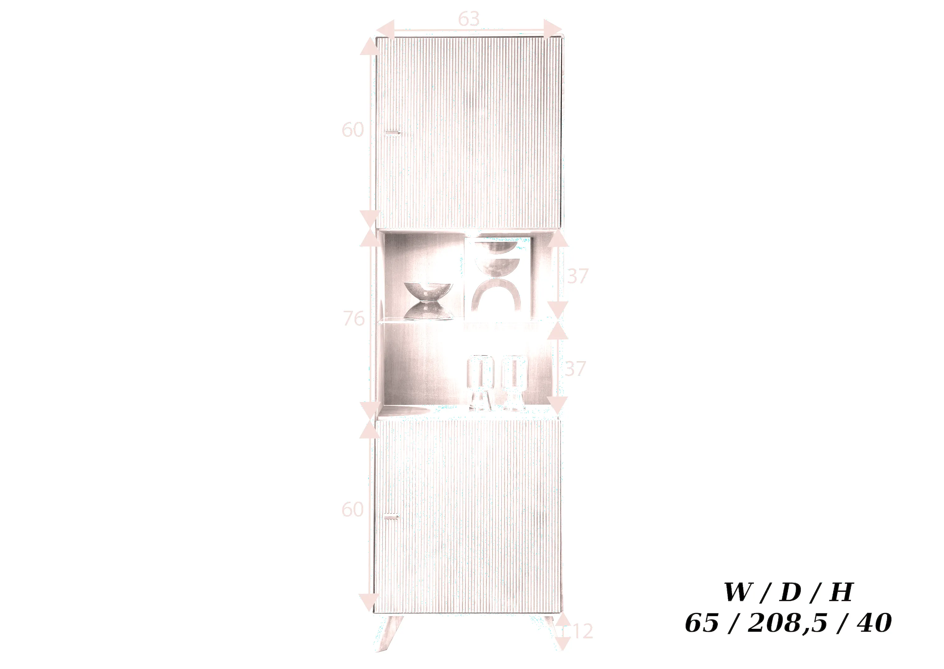 Witryna drewniana ryflowana BLISS 65x209 z 2 szafkami i półkami - GK_103624010102