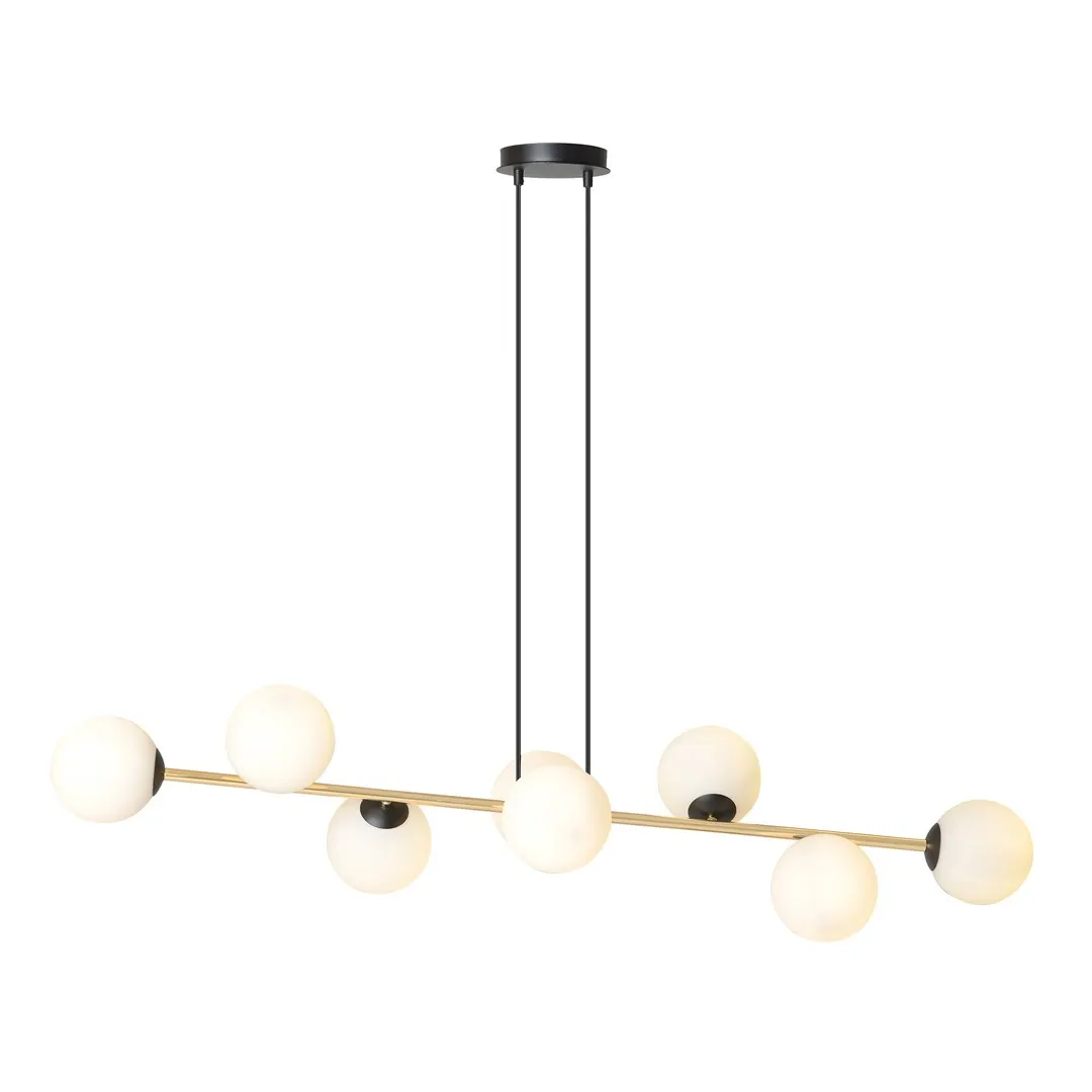 lampa wisząca, kandelabry, globusowe kule, metalowy pręt, oświetlenie sufitowe