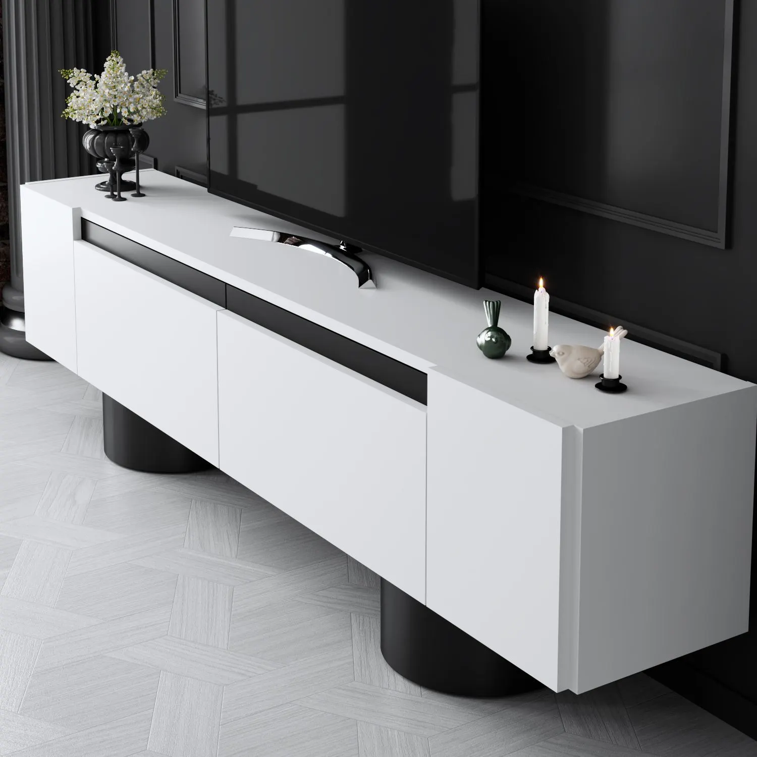 Szafka RTV z 2 klapami na blaszanych nogach BOHEM 180x50x30 cm biały czarny - ASI_618BLY1267