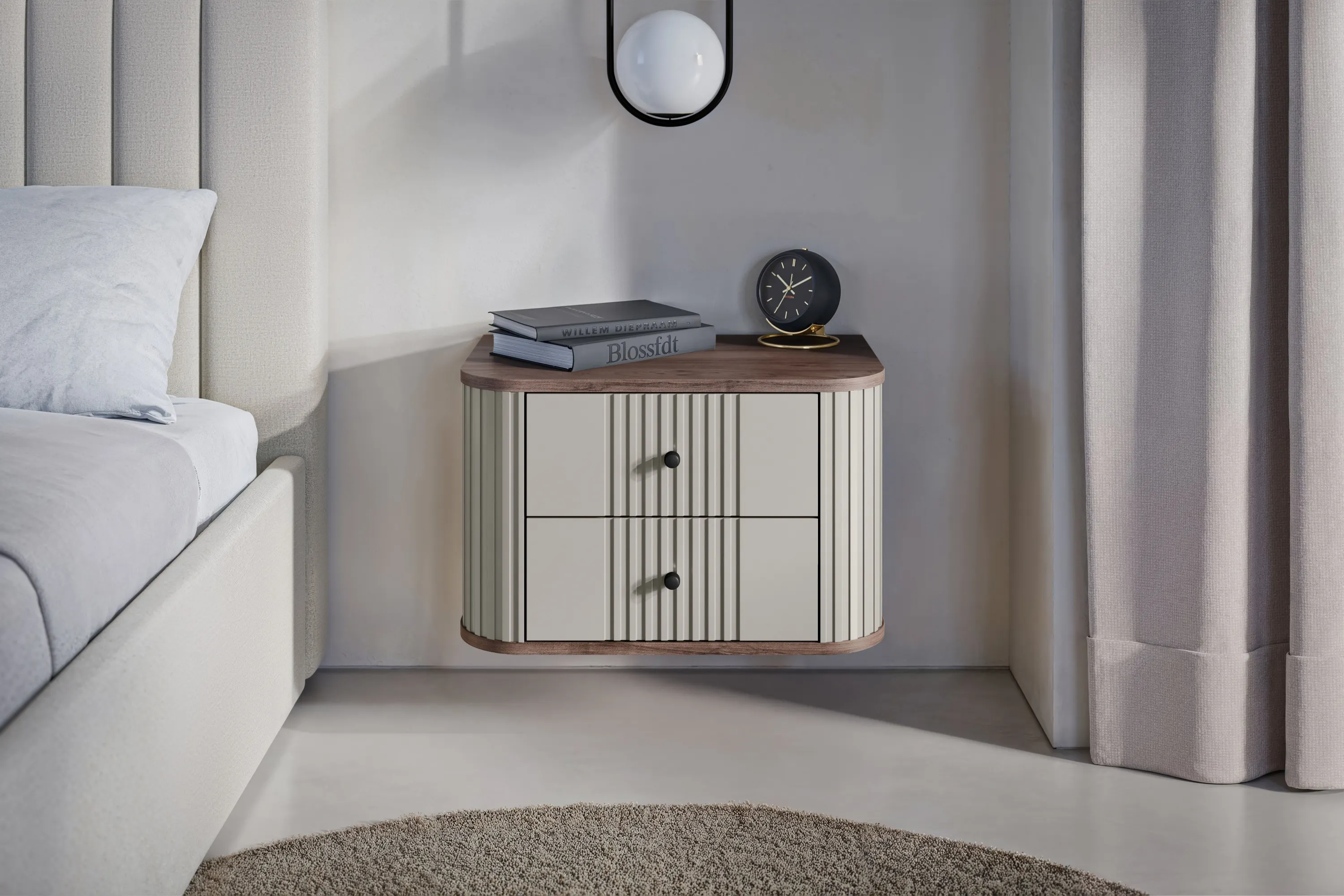 Szafka nocna wisząca z 2 szufladami VESPER 56 zestaw 2 sztuk ryflowany front cashmere orzech czarne uchwyty - B_163842