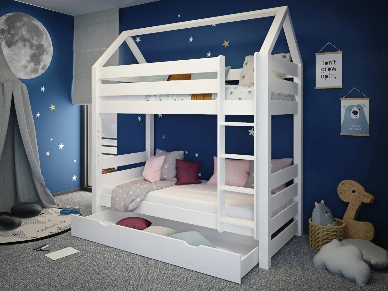 Łóżko drewniane piętrowe COSY HOME 90x200 z daszkiem białe - LPCOSYHBIA90