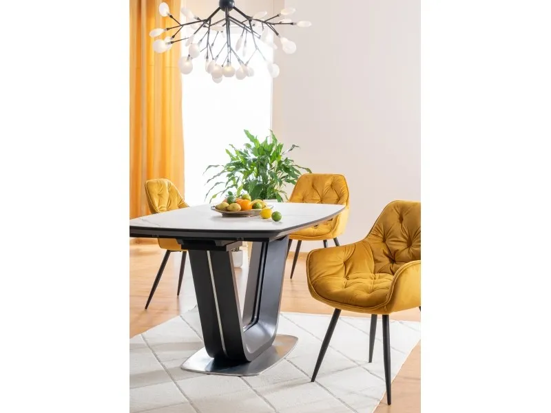 Stół rozkładany ARMANI CERAMIC 90x160(220) efekt białego marmuru stelaż szary MDF+ stal szczotkowana - ARMANIBC160