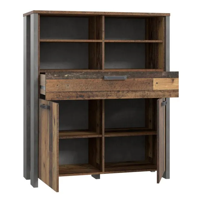 Regał niski CLIF 2-drzwiowy z szufladą - old wood vintage, beton - CLFK321-C546