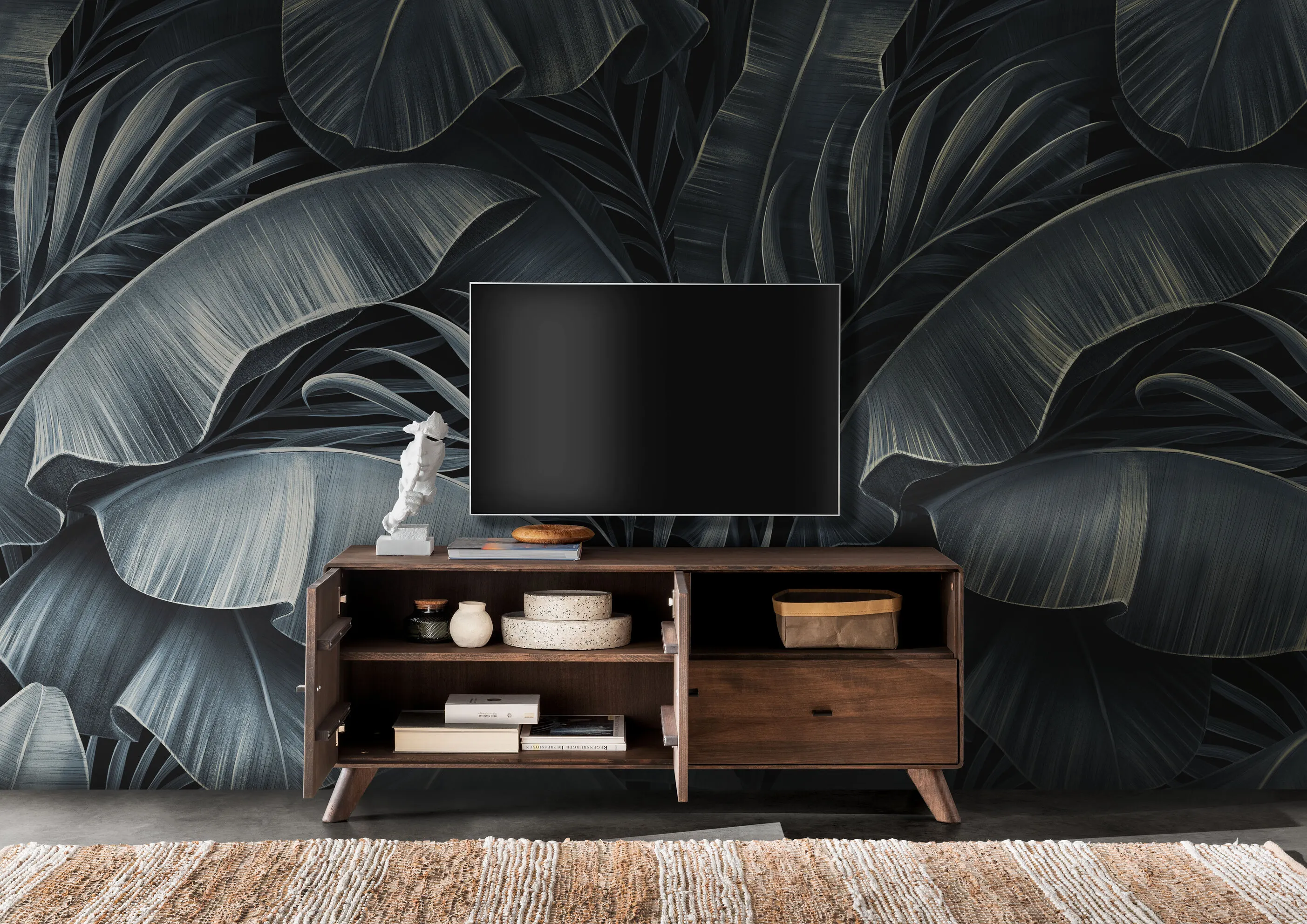 Szafka rtv bukowa ryflowana BLISS 141x57 z szufladą i półkami - GK_103624080102