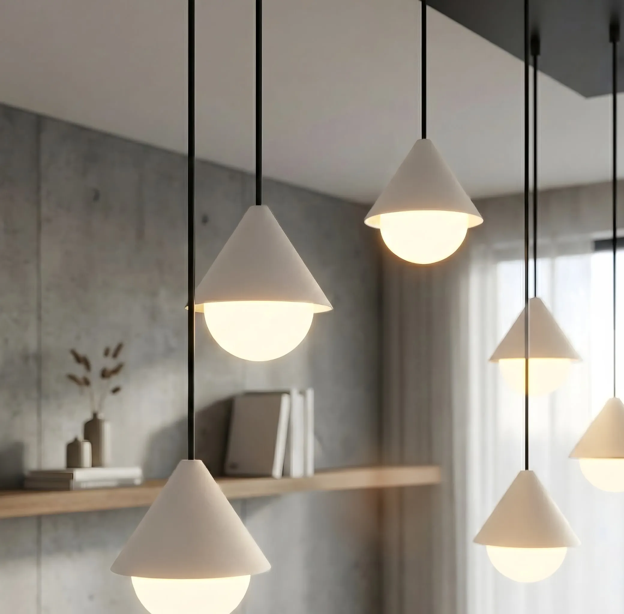 image lampa wisząca, konstrukcja metal, kula światła, minimalistyczna, kolor biały