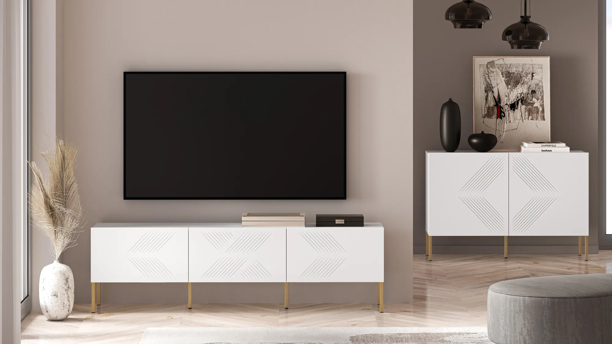 Szafka RTV z 3 klapami CLEARING 04 biały alpejski, noga-złoty — zdjęcie 8