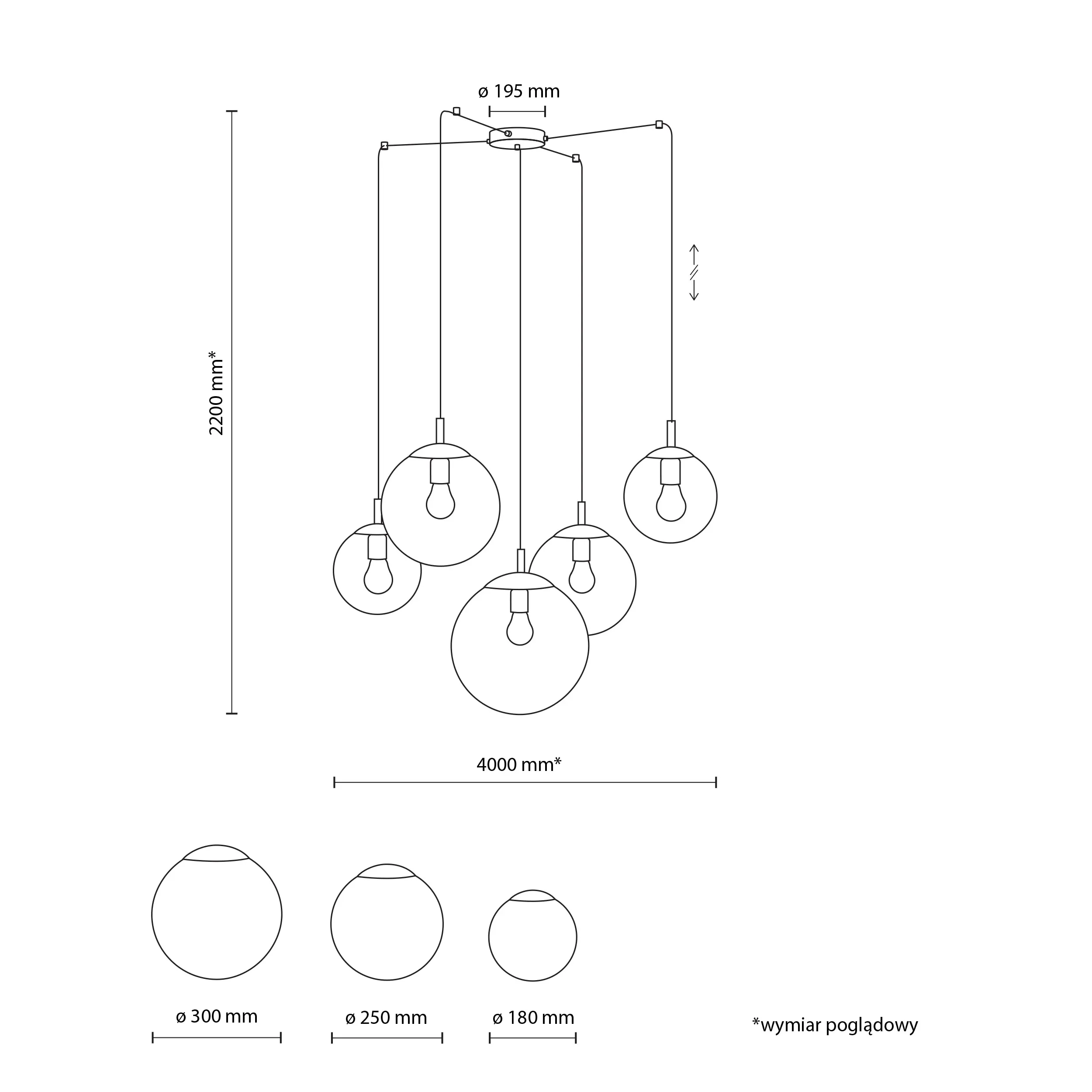 Lampa wisząca ESME czarna z białymi szklanymi okrągłymi kloszami dodatkowo podwieszana 180cm - TK_4791