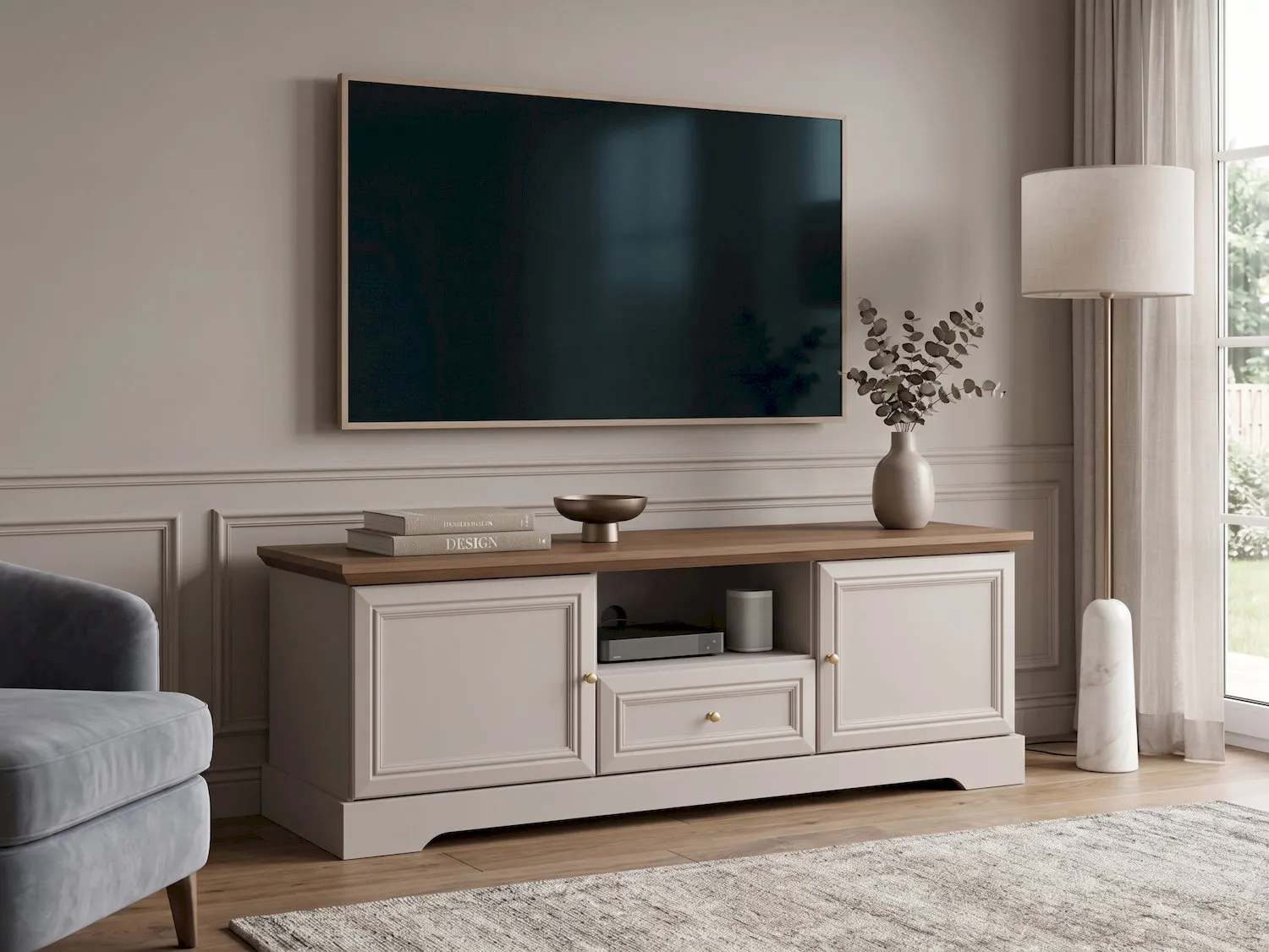 tv stand, media console, wooden cabinet, beige furniture, decorative shelf