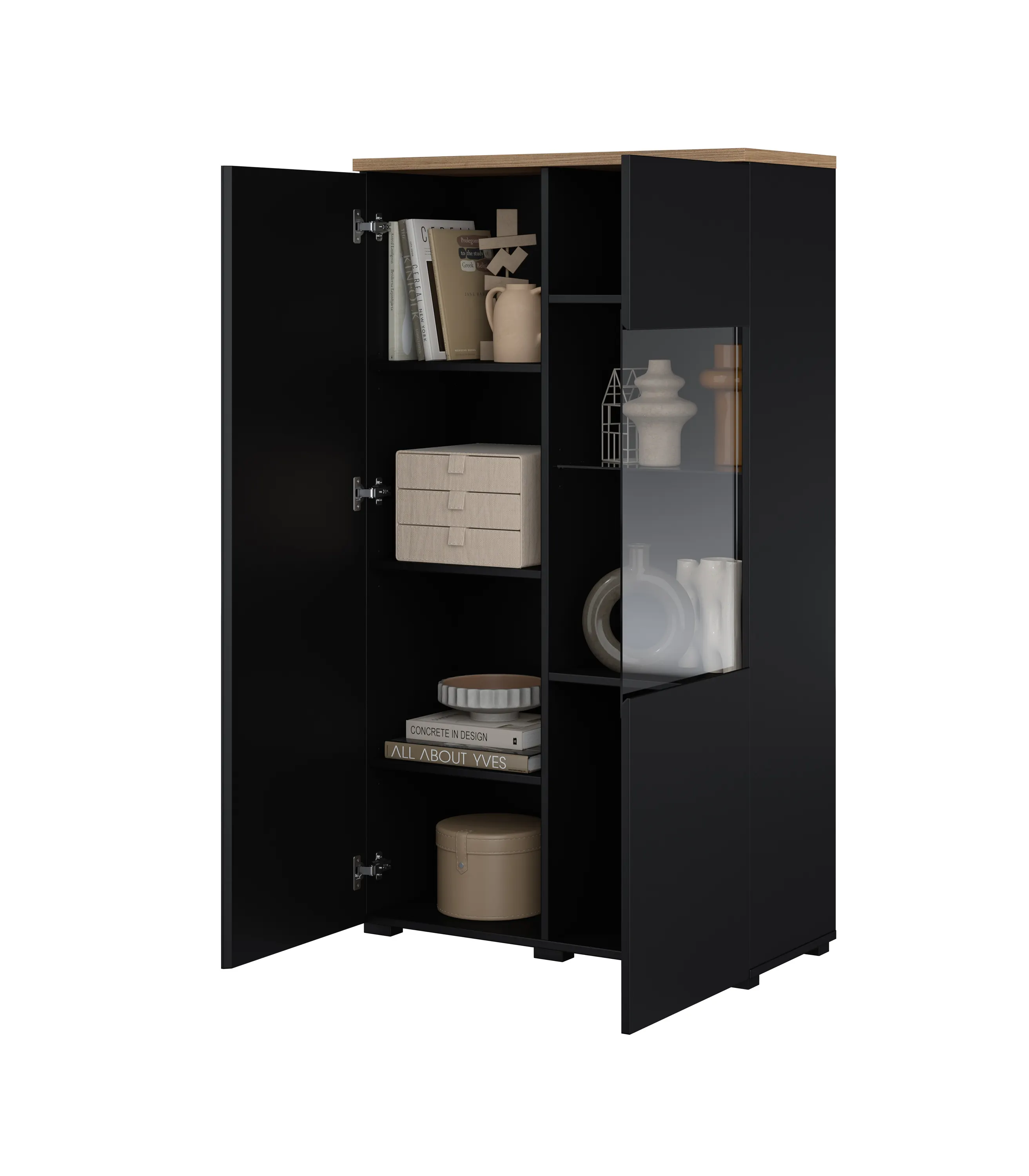 garderoba, szafka, szafka z szufladami, czarna szafa, regał z oszklonymi drzwiami