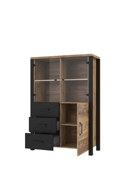 Witryna szklana z szufladami OLIN 44 3-drzwiowa 146x101 czarna appenzeller fichte - 24ABJC44