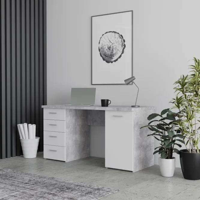 Biurko NET106 z szafką i 4 szufladami - biały, jasny beton - MT926-C264