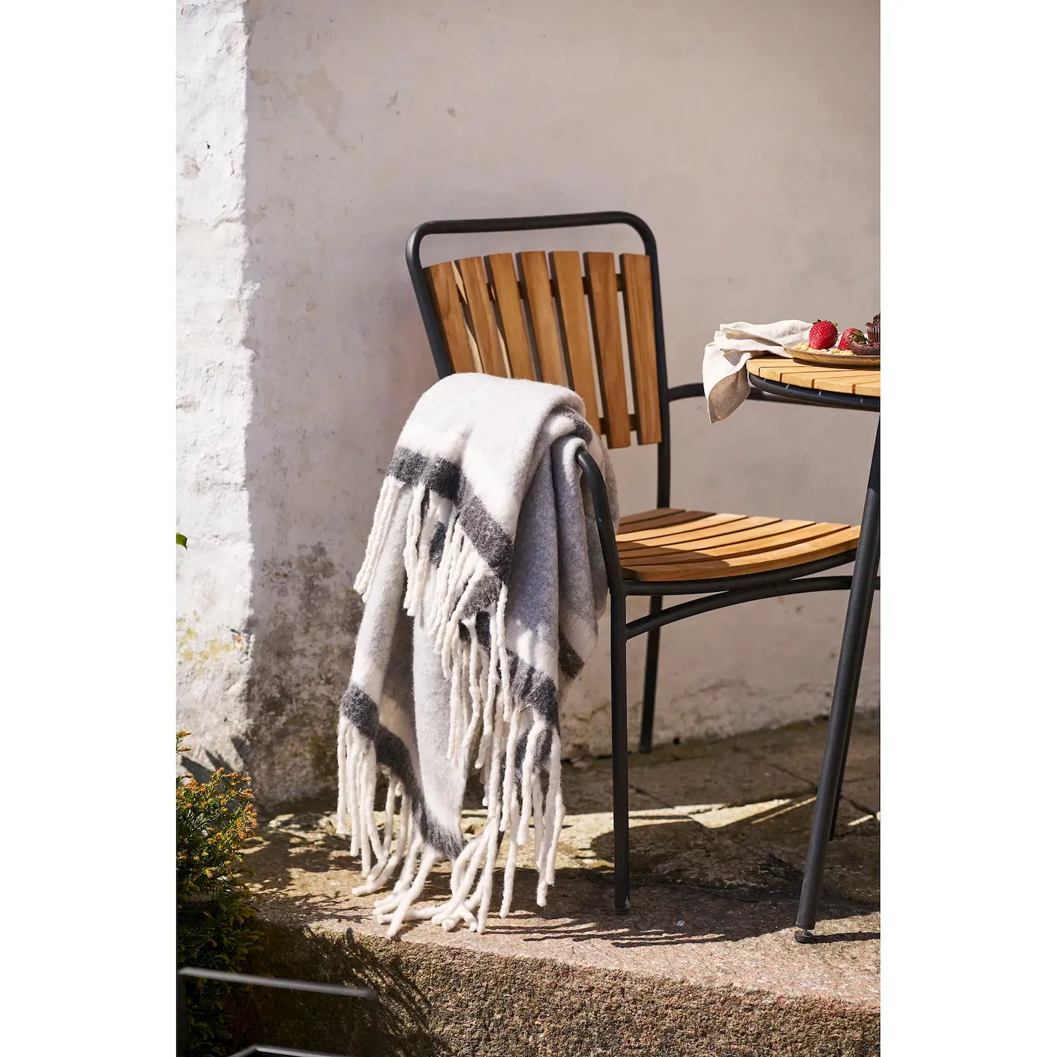 Koc z frędzlami CARMEL 130x170cm 52% wełny szary biały - 3960926