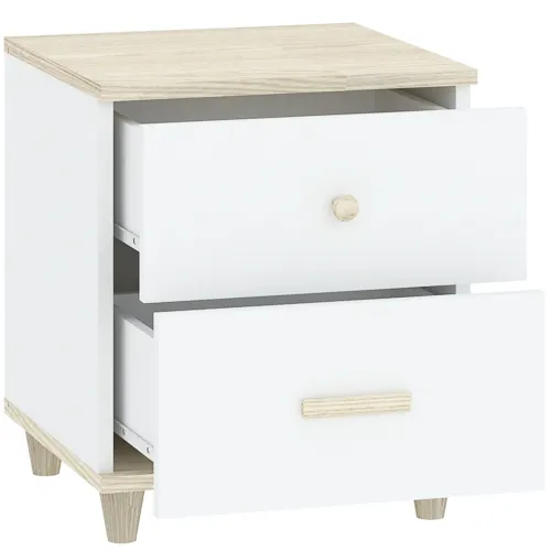 Szafka nocna z 2 szufladami GOODY drewniane uchwyty i nóżki biały akacja - INT_5002810