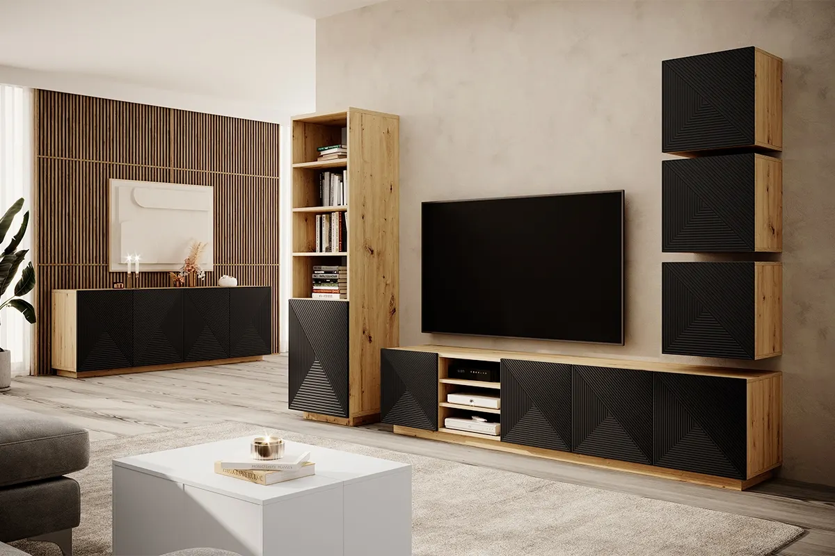 Regał ASHA 50 1D - czarny mat - dąb artisan - ryflowany front - cokół — zdjęcie 5