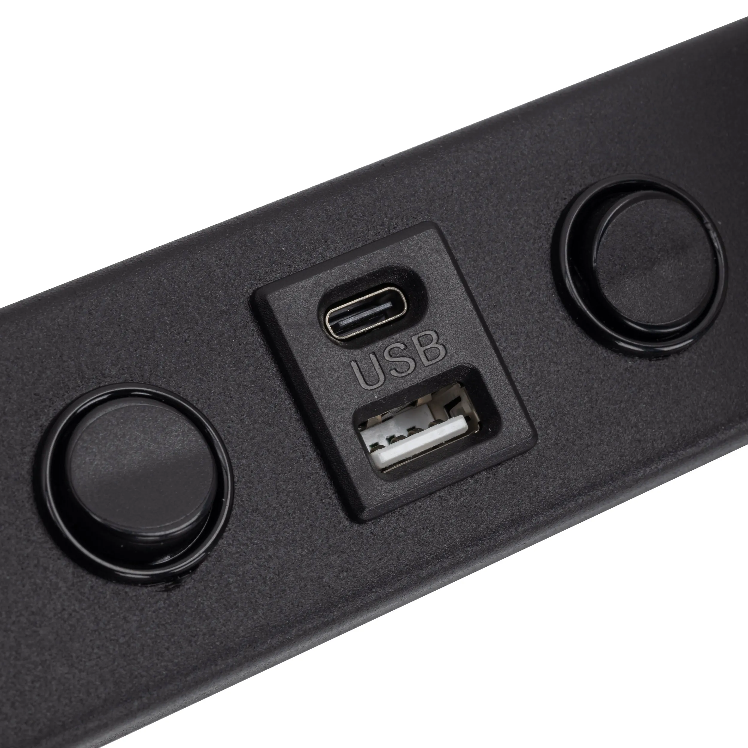 Kinkiet VOX czarny z białym okrągłym kloszem oraz regulowaną lampką do czytania niezależnymi włącznikami i gniazdami USB-A i USB-C 35x14cm - TK_10152