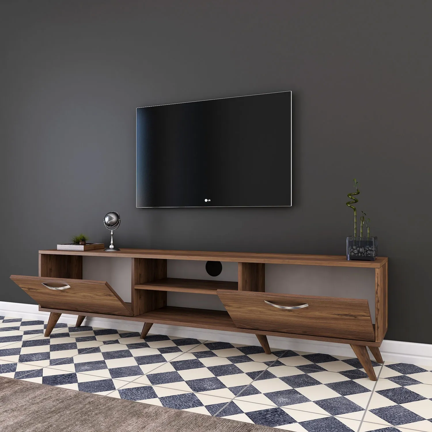 Szafka RTV drewniana 2-drzwiowa A9 180 cm orzechowy — zdjęcie 7