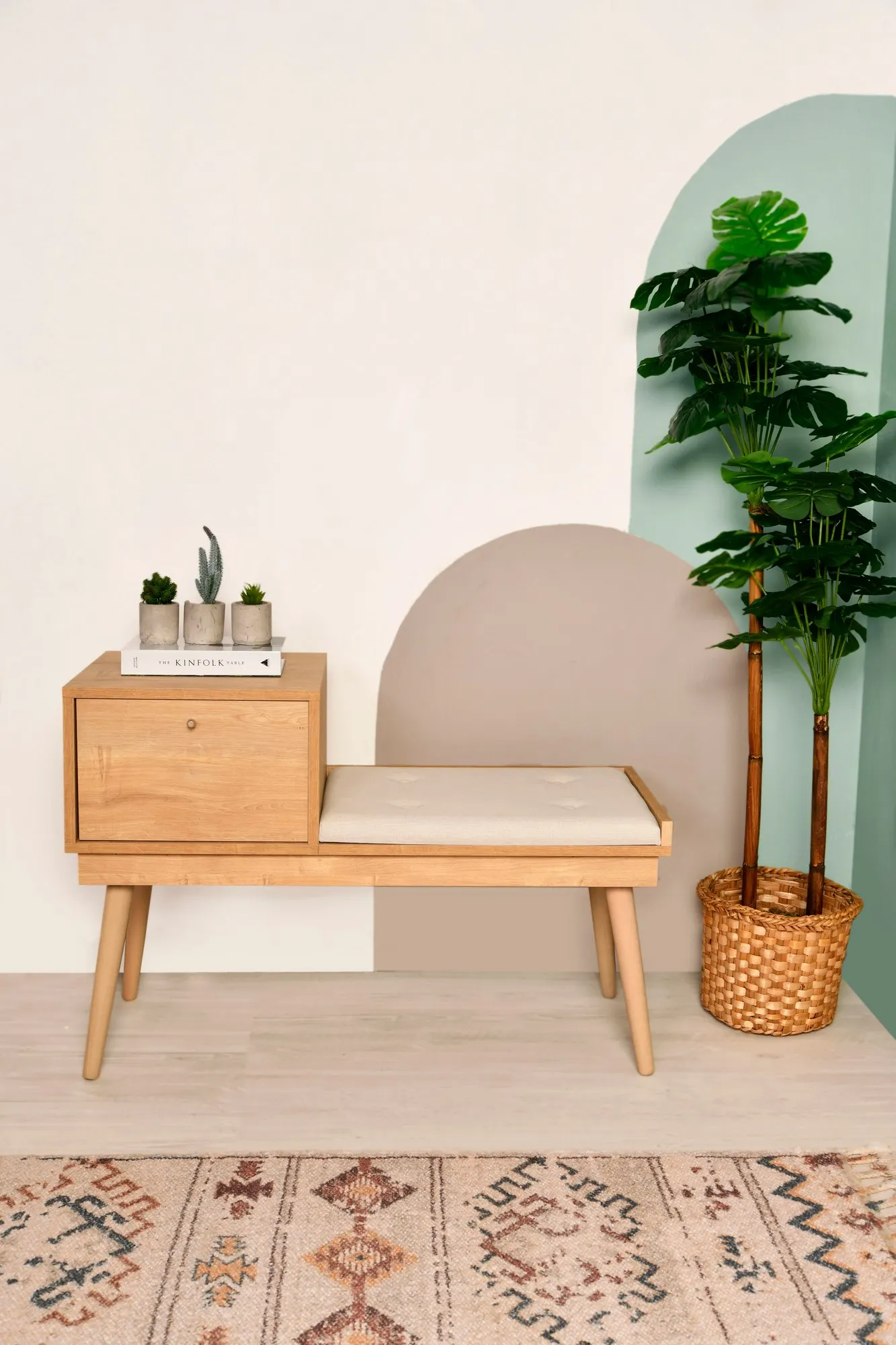 sofa, bench, wooden, padded seat, potted plant