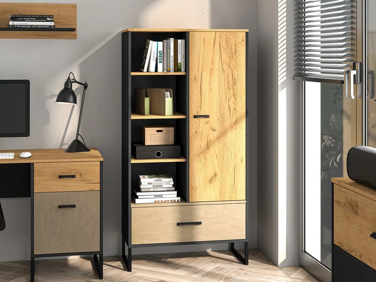 Regał 1-drzwiowy z szufladą Colt 04 dąb craft złoty, czarny, stal premium - 1COLT04-001