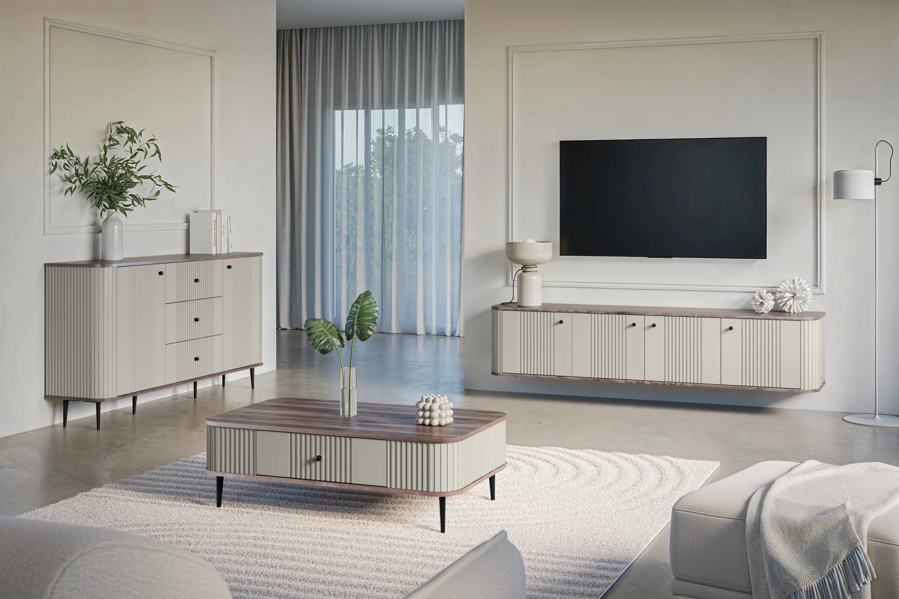 Komoda 2-drzwiowa z 3 szufladami VESPER 160 ryflowany front cashmere orzech czarne nogi - B_163604