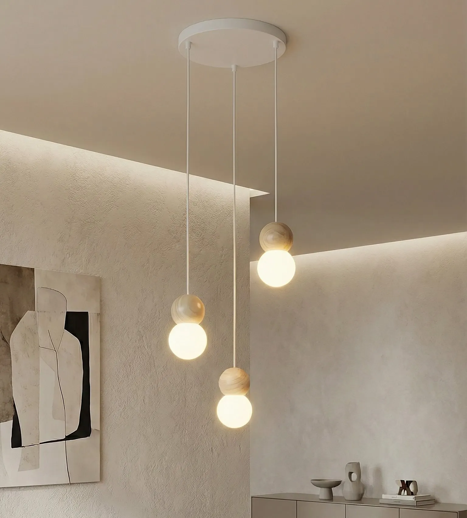 lampa wisząca, kule, drewniane kule, minimalistyczny design, kolory neutralne