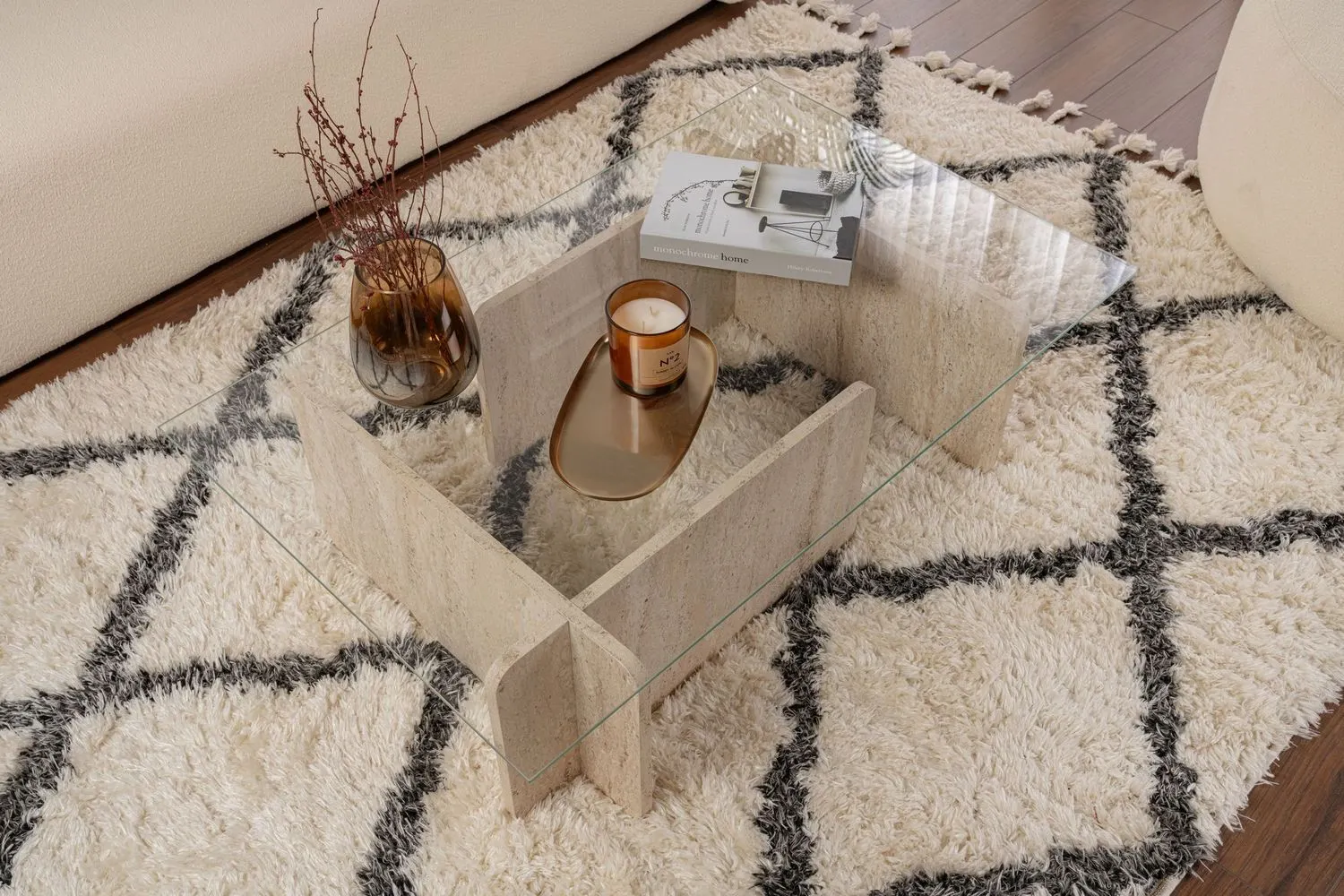 Stolik kawowy FLAVIO 65x105 cm trawertynowy transpatentny - ASI_353NRD1110