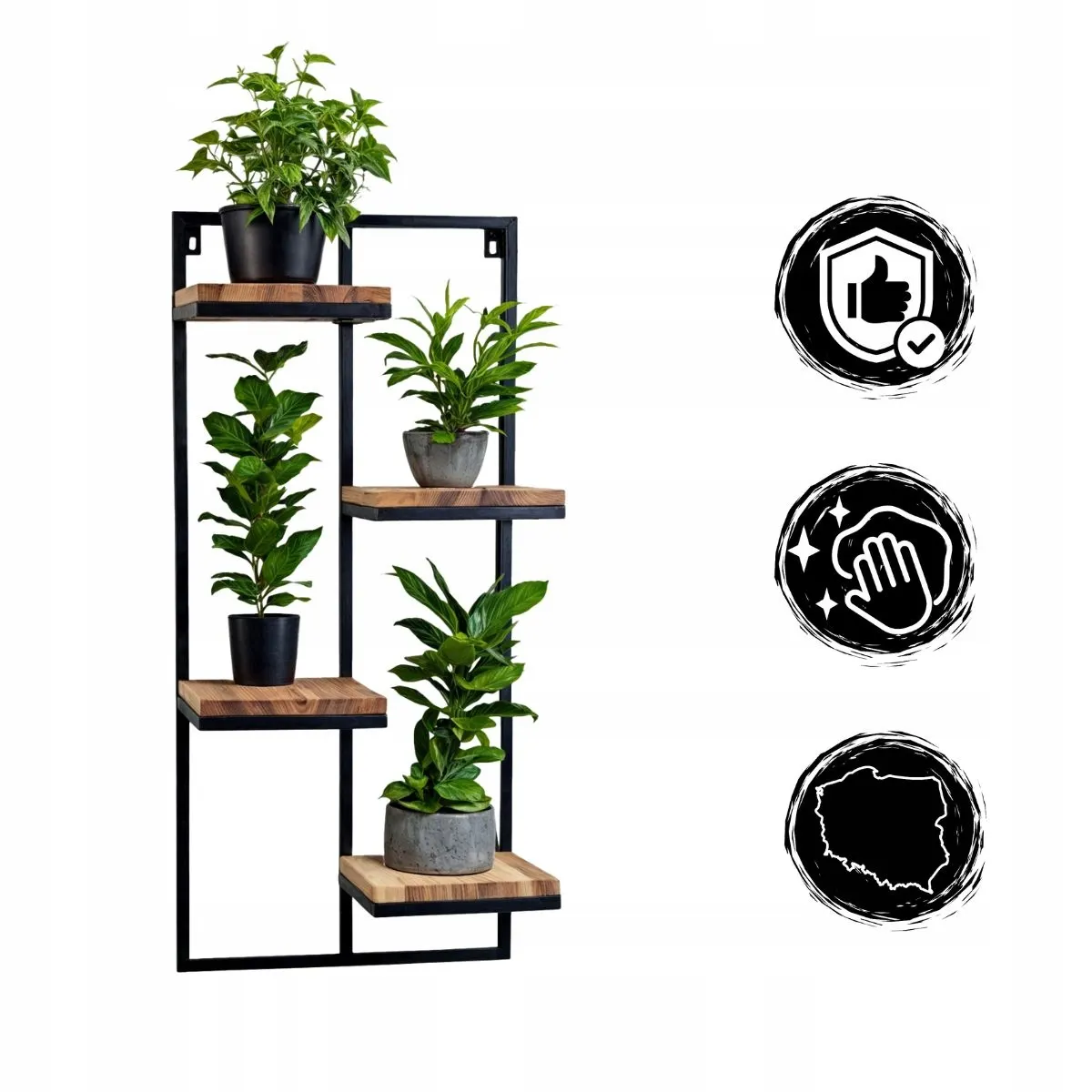 Kwietnik wiszący LENS L metal drewno czarny naturalny - LD_TZ000086