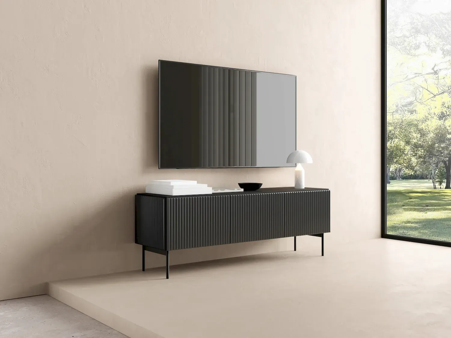 Szafka RTV 3-drzwiowa MUTI RTV 147 ryflowany front czarna - LA_MUTI_RTV_147_3D_CZARNY