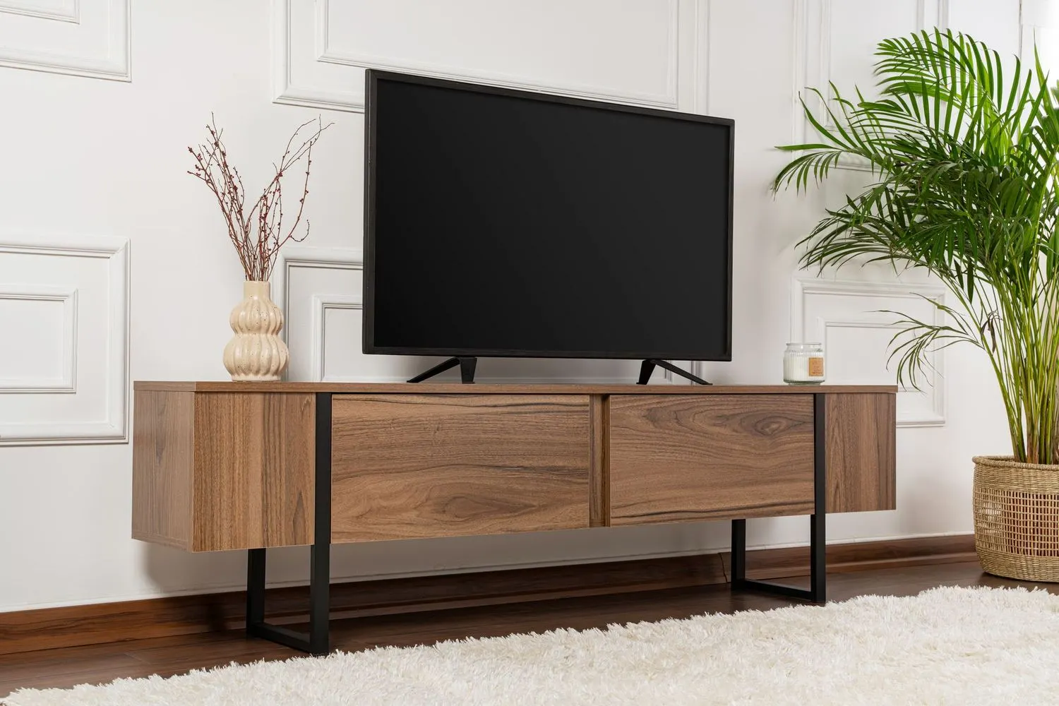 Szafka RTV drewniana 2-drzwiowa SERENITY 180 cm orzech czarny stelaż