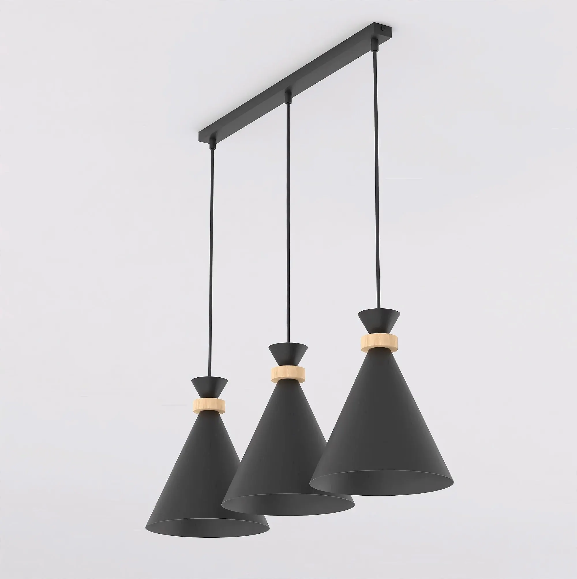 pendant, lighting, cone shade, czarny, drewno