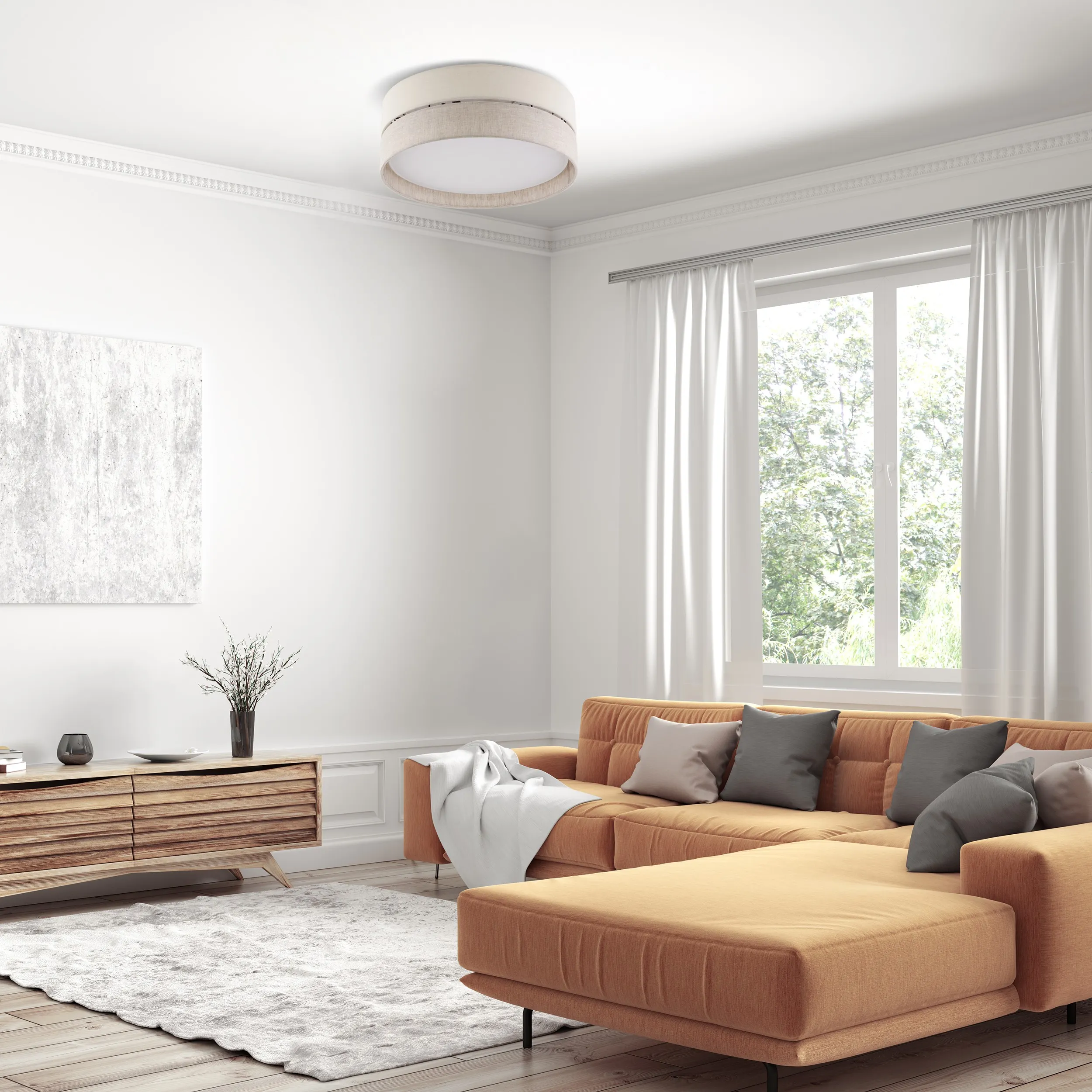 Lampa sufitowa ECO beżowa z tkaniny biały klosz 45x18cm - TK_5775