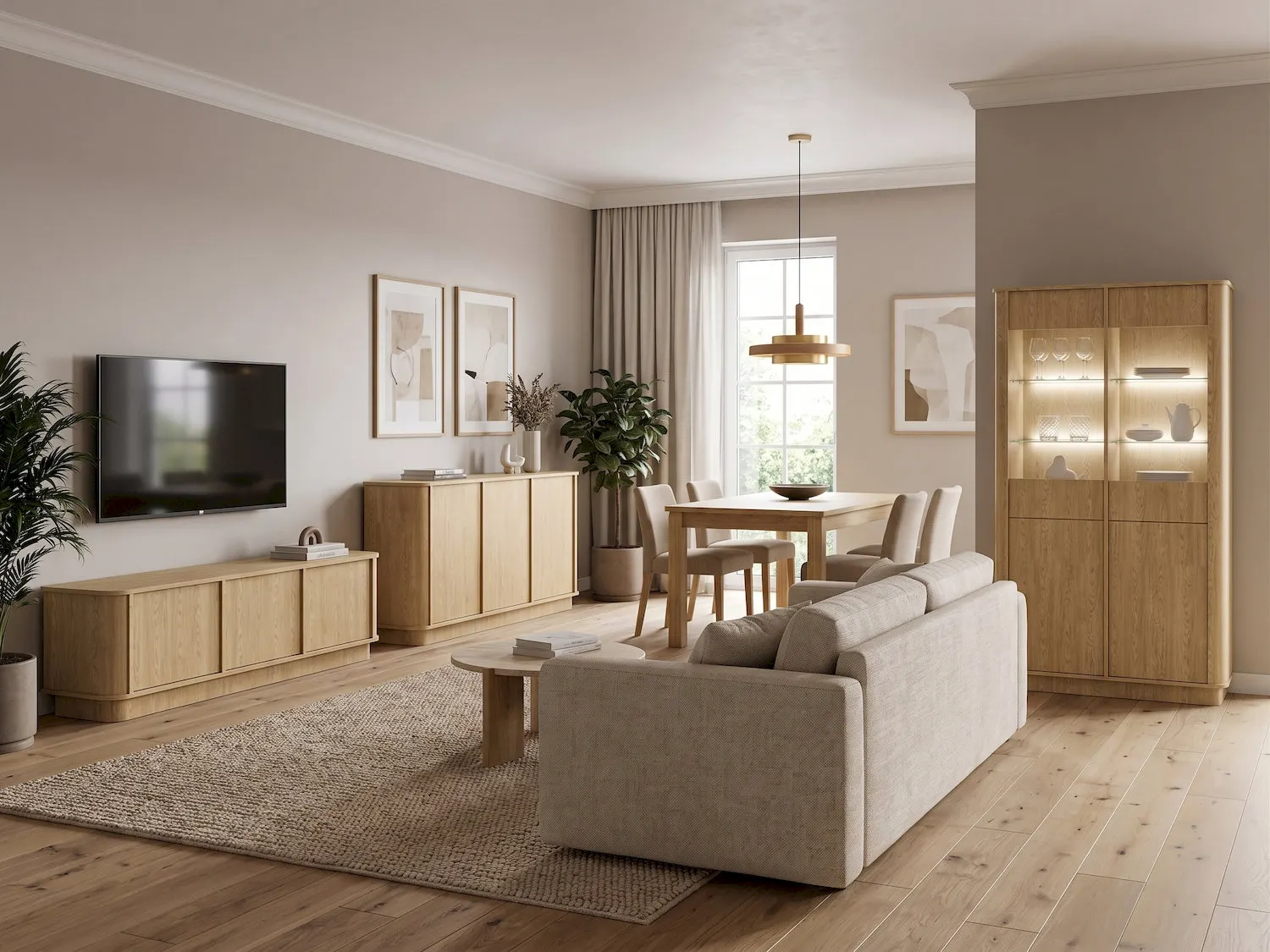 salon, meble-drewno, sofa-bezowy, stolik-drewniany, szafka-televizorowa